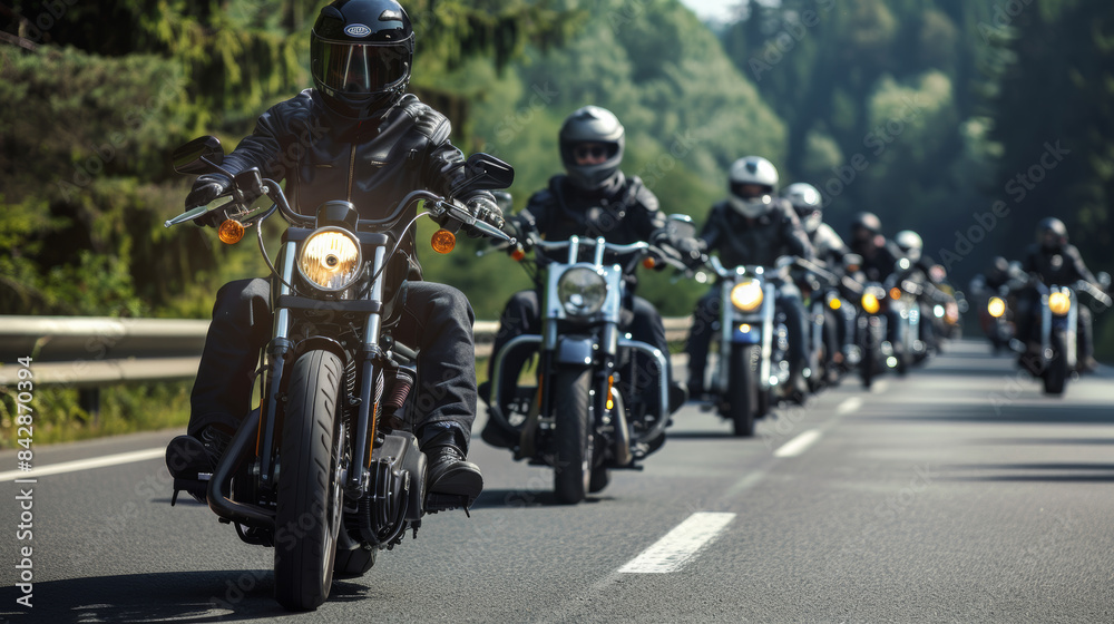 A group of motorcyclists clad in black leather jackets ride closely together on a tree-lined road, exuding intensity and camaraderie. A group of motorcyclists clad in black leather jackets ride closely together on a tree-lined road, exuding intensity and camaraderie.
