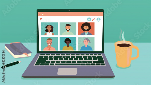a laptop with a zoom meeting happening on the screen with several people and a coffee cup on the desk next to the laptop --ar 16:9 --stylize 50