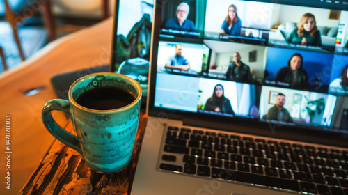 a laptop with a zoom meeting happening on the screen with several people and a coffee cup on the desk next to the laptop --ar 16:9 --stylize 50