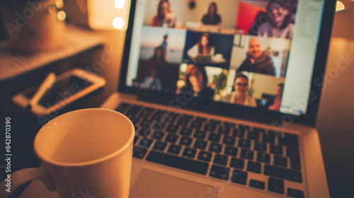 a laptop with a zoom meeting happening on the screen with several people and a coffee cup on the desk next to the laptop --ar 16:9 --stylize 50
