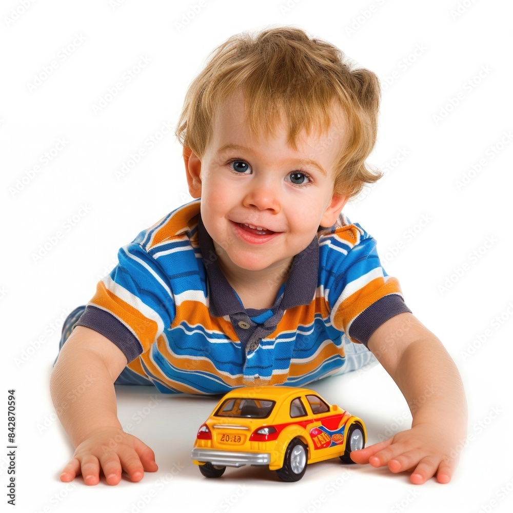 Happy Child Playing with Toy Car on White Background Happy Child Playing with Toy Car on White Background
