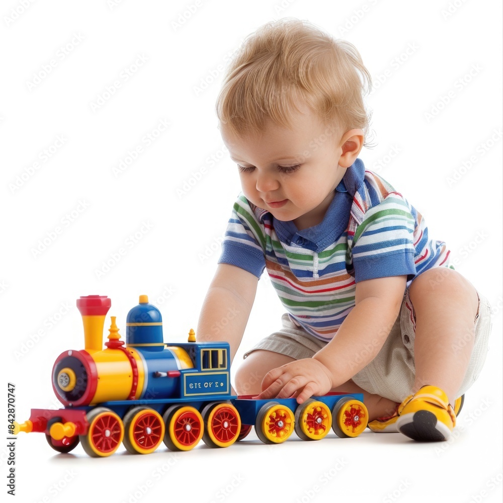 Happy Toddler Playing with Colorful Toy Train on White Background Happy Toddler Playing with Colorful Toy Train on White Background