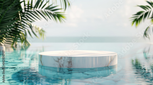 A sleek white marble platform elegantly floats in a pristine pool  surrounded by lush palm leaves under the soft glow of daylight.