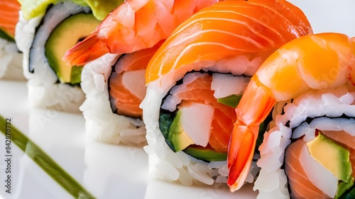 Close-Up of Colorful Sushi Rolls Featuring Salmon, Shrimp, and Avocado on White