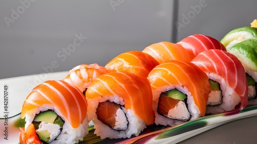 Close-Up of Colorful Sushi Rolls Featuring Salmon, Shrimp, and Avocado on White