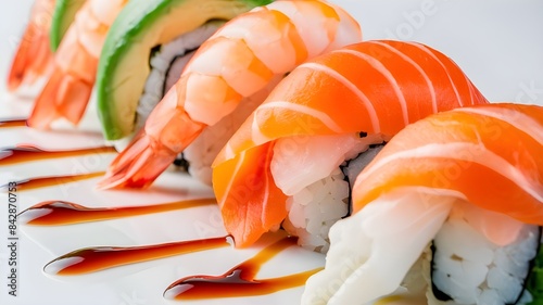 Close-Up of Colorful Sushi Rolls Featuring Salmon, Shrimp, and Avocado on White