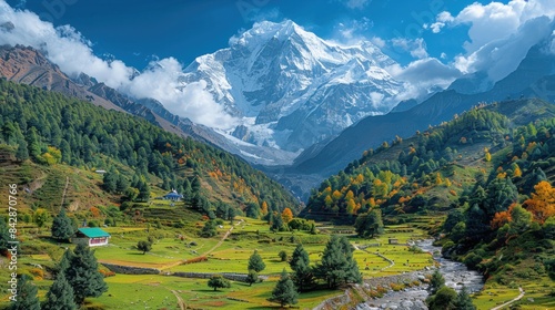 Panoramic drone shot of Fairy Meadows with Nanga Parbat in the background