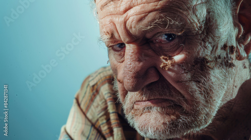 An elderly man with a weathered face and intense expression gazes intently, his rugged features highlighted against a blue background. photo