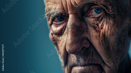 Close-up of an elderly man's deeply lined face displaying a mix of wisdom and weariness, his blue eyes capturing a lifetime of experiences.