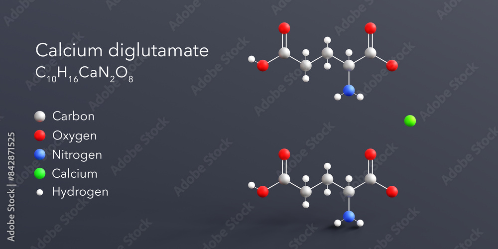 calcium diglutamate molecule 3d rendering, flat molecular structure with chemical formula and atoms color coding calcium diglutamate molecule 3d rendering, flat molecular structure with chemical formula and atoms color coding