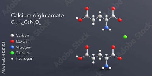 calcium diglutamate molecule 3d rendering, flat molecular structure with chemical formula and atoms color coding photo