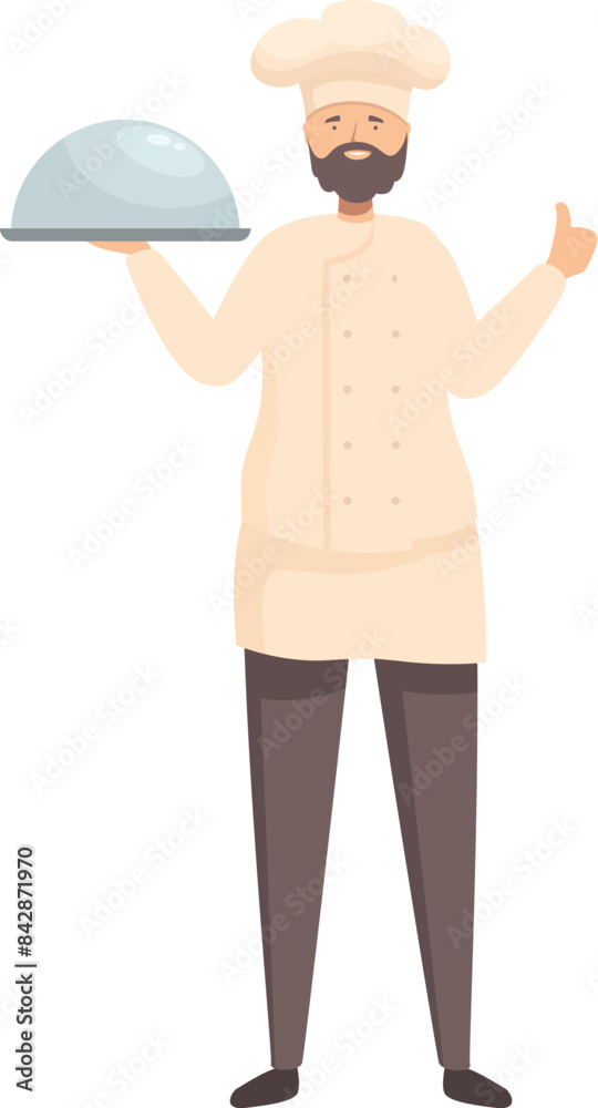 Smiling chef holding a covered plate and gesturing thumb up Smiling chef holding a covered plate and gesturing thumb up