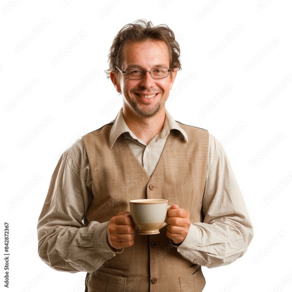 Coffee Break: Cheerful Office Worker Holding Coffee Cup Coffee Break: Cheerful Office Worker Holding Coffee Cup