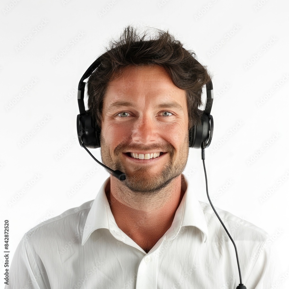 Customer Service Representative Wearing Headset in Office Environment Isolated on White Background Customer Service Representative Wearing Headset in Office Environment Isolated on White Background