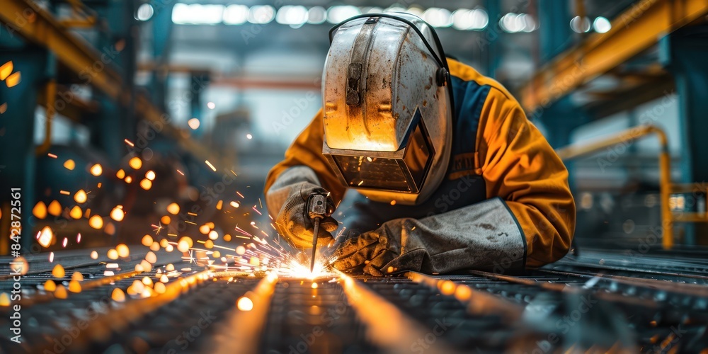 Industrial worker in protective gear welding metal with sparks. Professional, skilled labor in a heavy manufacturing environment. Industrial worker in protective gear welding metal with sparks. Professional, skilled labor in a heavy manufacturing environment.