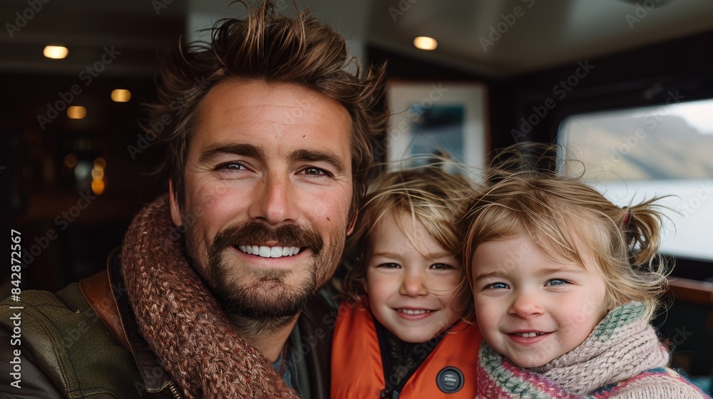 Joyful family selfie in orange life jackets on boat, focus on smiling blonde daughter Joyful family selfie in orange life jackets on boat, focus on smiling blonde daughter