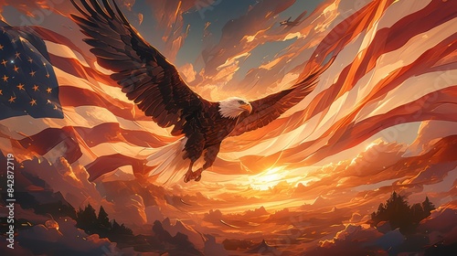 Majestic bald eagle soaring with American flag in vibrant sunset sky, symbolizing freedom, patriotism, and strength. independence day concept