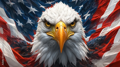 Majestic bald eagle with American flag backdrop, symbolizing patriotism and freedom. Perfect for national pride and Independence Day themes. independence day concept