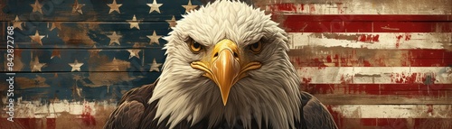 Majestic bald eagle with intense gaze in front of weathered American flag backdrop, symbolizing freedom and patriotism. independence day concept