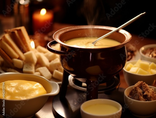Cozy scene with cheese fondue in a pot, surrounded by bread cubes, candles, and dipping ingredients. Perfect for a warm, shared dining experience.