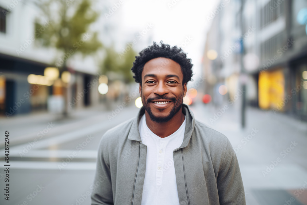 Portrait happy handsome mature african man standing on city street, looking at camera Portrait happy handsome mature african man standing on city street, looking at camera