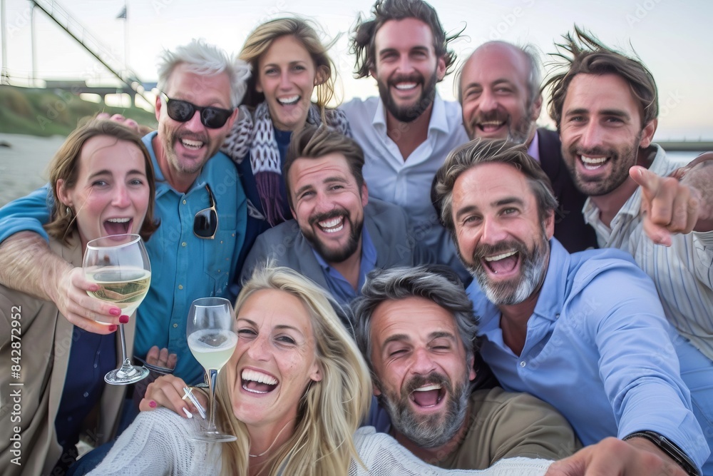 Group of friends having fun on the beach and drinking white wine. Group of friends having fun on the beach and drinking white wine.