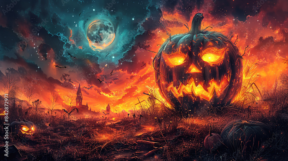 Halloween pumpkin lantern on the fire and spooky background Halloween pumpkin lantern on the fire and spooky background