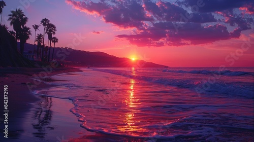 Beach sunset with vivid colors  silhouetted palm trees  and calm waves