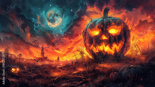 Halloween pumpkin lantern on the fire and spooky background