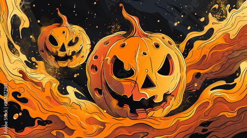 psychedelic halloween background with carved pumpkin