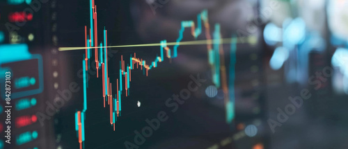 A dynamic stock market chart with colorful lines and data points against a blurred background, symbolizing financial trends and economic insights.