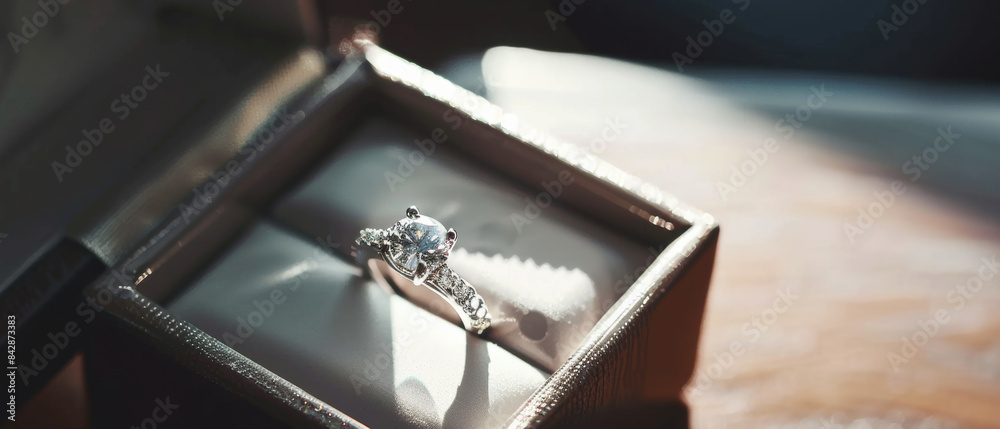 A close-up shot of an elegant engagement ring sparkling inside a luxurious, open ring box, lit by soft, natural light. A close-up shot of an elegant engagement ring sparkling inside a luxurious, open ring box, lit by soft, natural light.