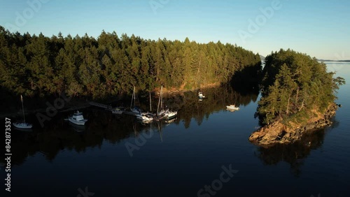 Aerial video of Conover Cove, Wallace Island Marine Provincial Park, Gulf Islands, British Columbia, Canada. photo