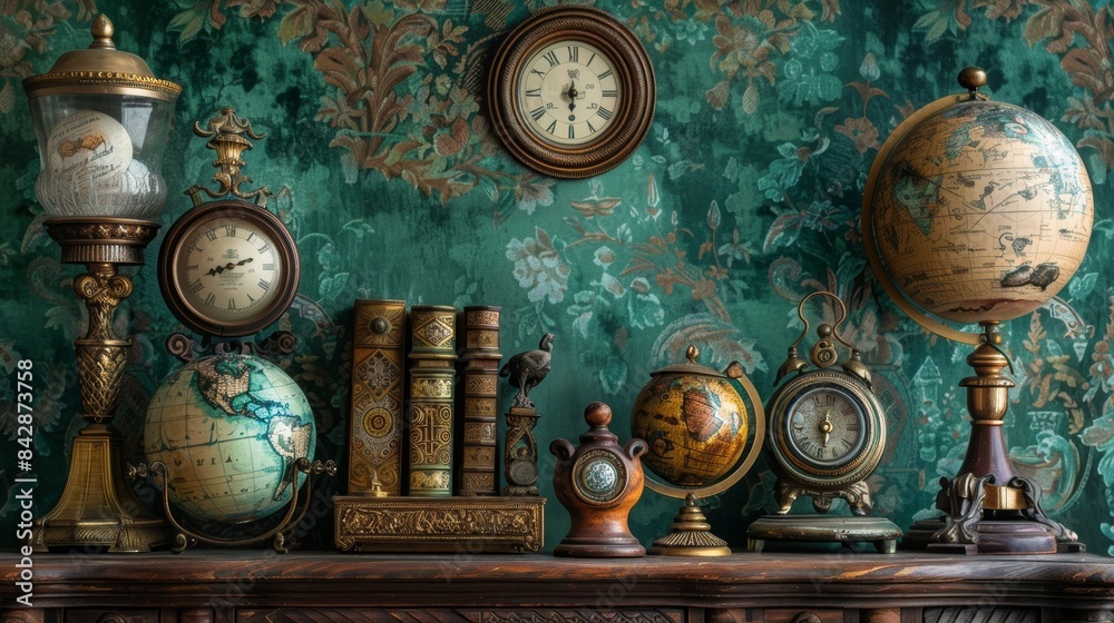Compose a still life arrangement of antique objects against a textured blue wallpaper, highlighting the beauty of age and patina. Compose a still life arrangement of antique objects against a textured blue wallpaper, highlighting the beauty of age and patina.