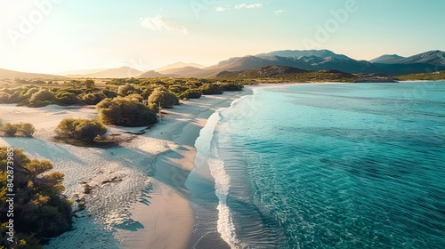 A picturesque beach with azure waters and white sand, the sun casting a gentle glow on the scene, tranquil and inviting vibe, photography captured with a Canon EOS R5 with 24-70mm lens