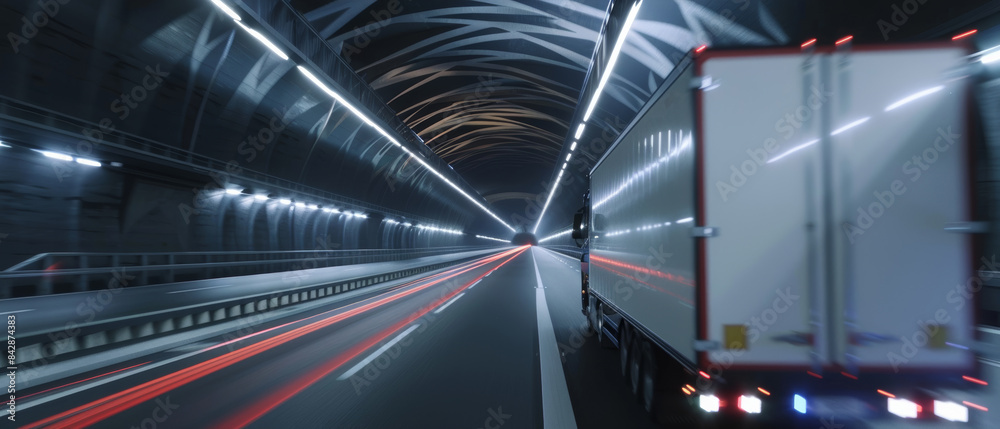 A truck speeds through a lit tunnel at night, capturing the essence of motion and progress in the modern transportation industry. A truck speeds through a lit tunnel at night, capturing the essence of motion and progress in the modern transportation industry.