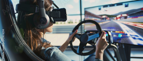 VR gamer deeply immersed in a racing simulator, embodying the thrill and intensity of virtual reality and advanced gaming technology.