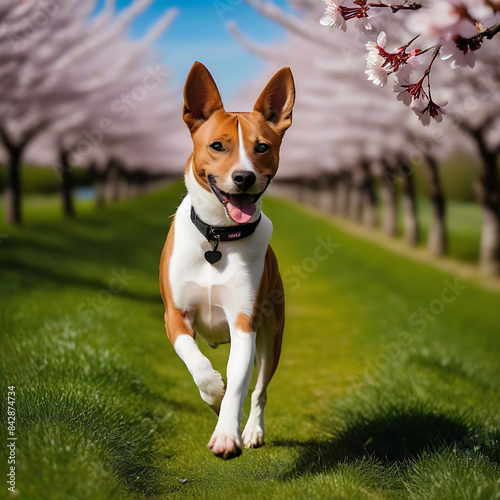 A cool Basenji dog frolicking happily in a meadow surrounded with beautiful cherry blossom trees