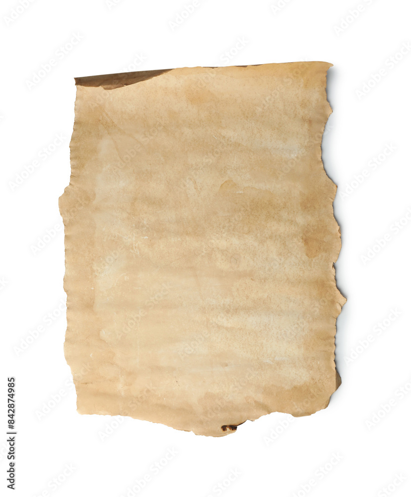 Sheet of old parchment paper isolated on white, top view Sheet of old parchment paper isolated on white, top view