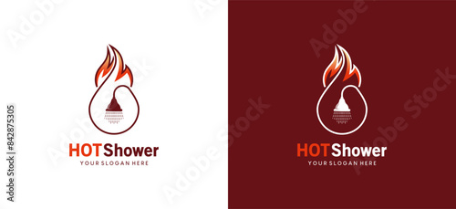 Hot or warm water shower logo design, vector illustration of a flowing shower with a fire symbol