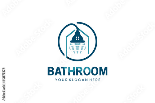 Flowing water shower logo design with house icon symbol