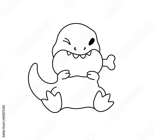 Vector isolated one single cute cartoon eating dinosaur tyrannosaurus rex trex character colorless black and white contour line easy drawing