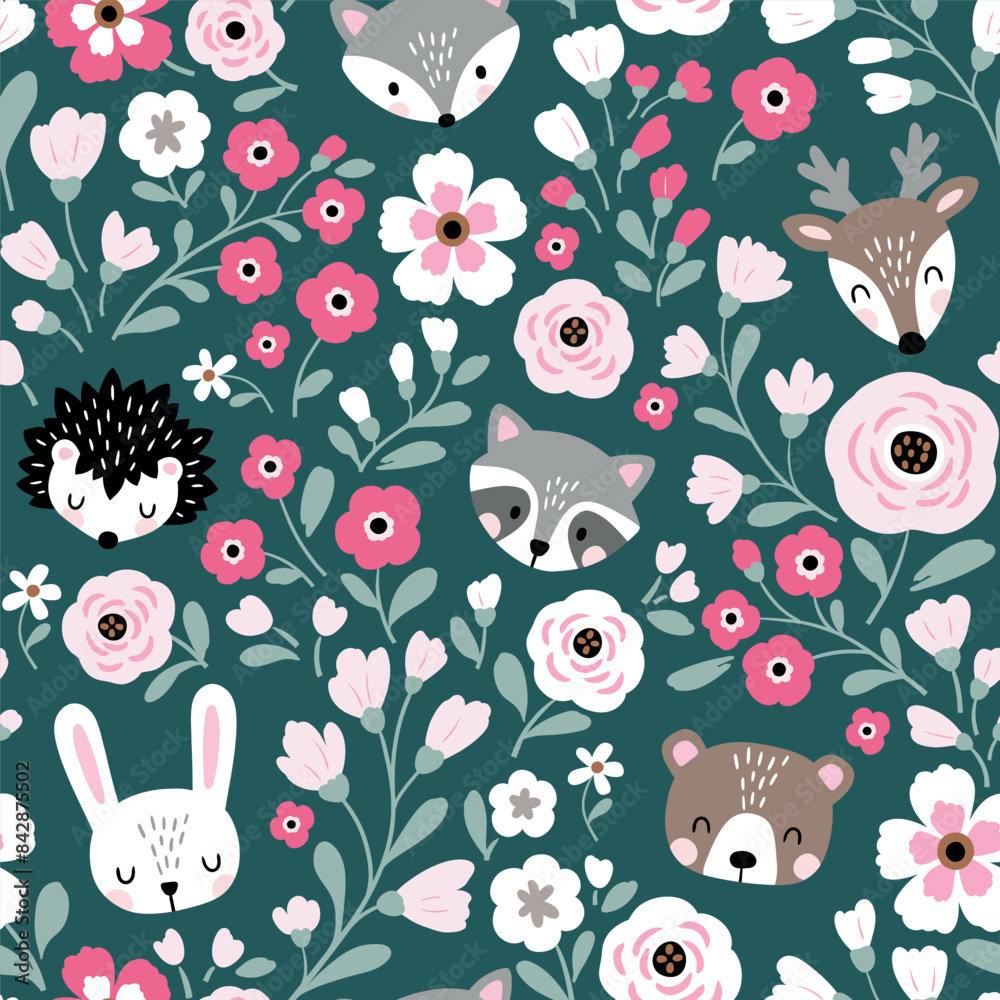 Fototapeta premium Seamless vector pattern with cute woodland animal heads on floral background. Hand drawn illustration. Perfect for textile, wallpaper or nursery print design.