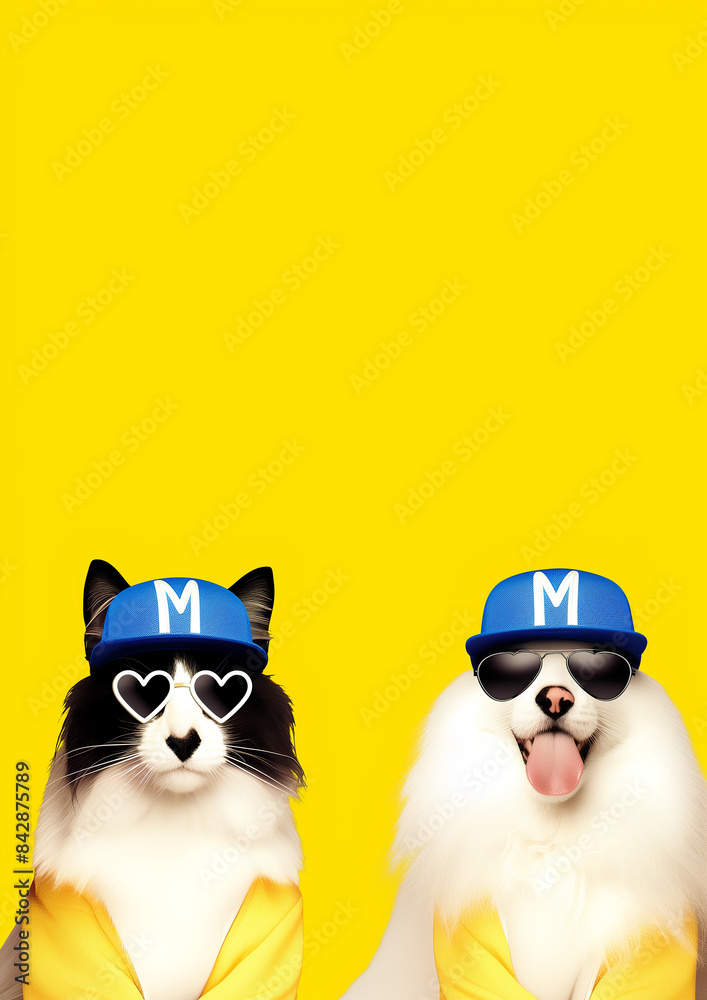 Cute Funny Dogs in sunglasses and wearing hats for cards, wallpaper