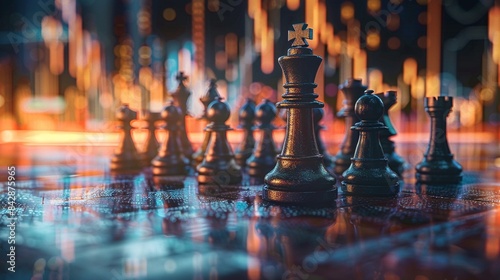 Closeup of chess pieces on a board with financial market charts in the background, illustrating strategic investment, Digital Art, High Resolution, Futuristic 8K , high-resolution, ultra HD,up32K HD