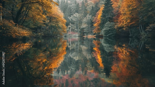 A serene lake surrounded by autumn trees, the water perfectly still reflecting the colorful foliage, calm and picturesque scene, photography captured with a Canon EOS 6D with 35mm lens photo