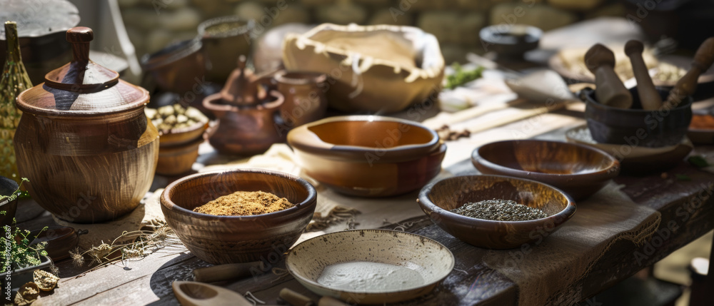 A rustic kitchen table set with various spices, wooden bowls, and traditional cooking tools, capturing the essence of artisanal culinary charm. A rustic kitchen table set with various spices, wooden bowls, and traditional cooking tools, capturing the essence of artisanal culinary charm.