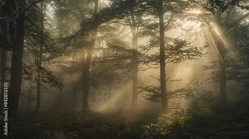 A misty forest in the early morning  rays of sunlight piercing through the fog and trees  mysterious and tranquil mood  photography shot with a Nikon D750 with 50mm lens