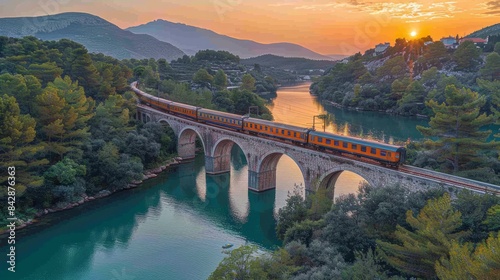 Train crossing a picturesque bridge over a serene river, a scenic highlight of rail travel.