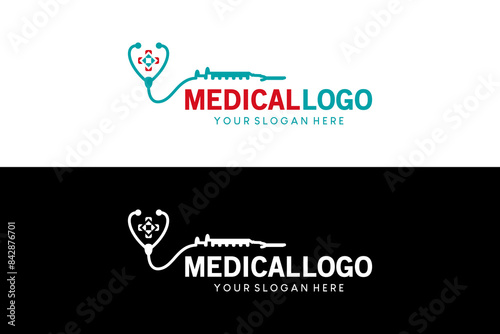 Stethoscope and syringe logo design vector illustration, health care and medical logo